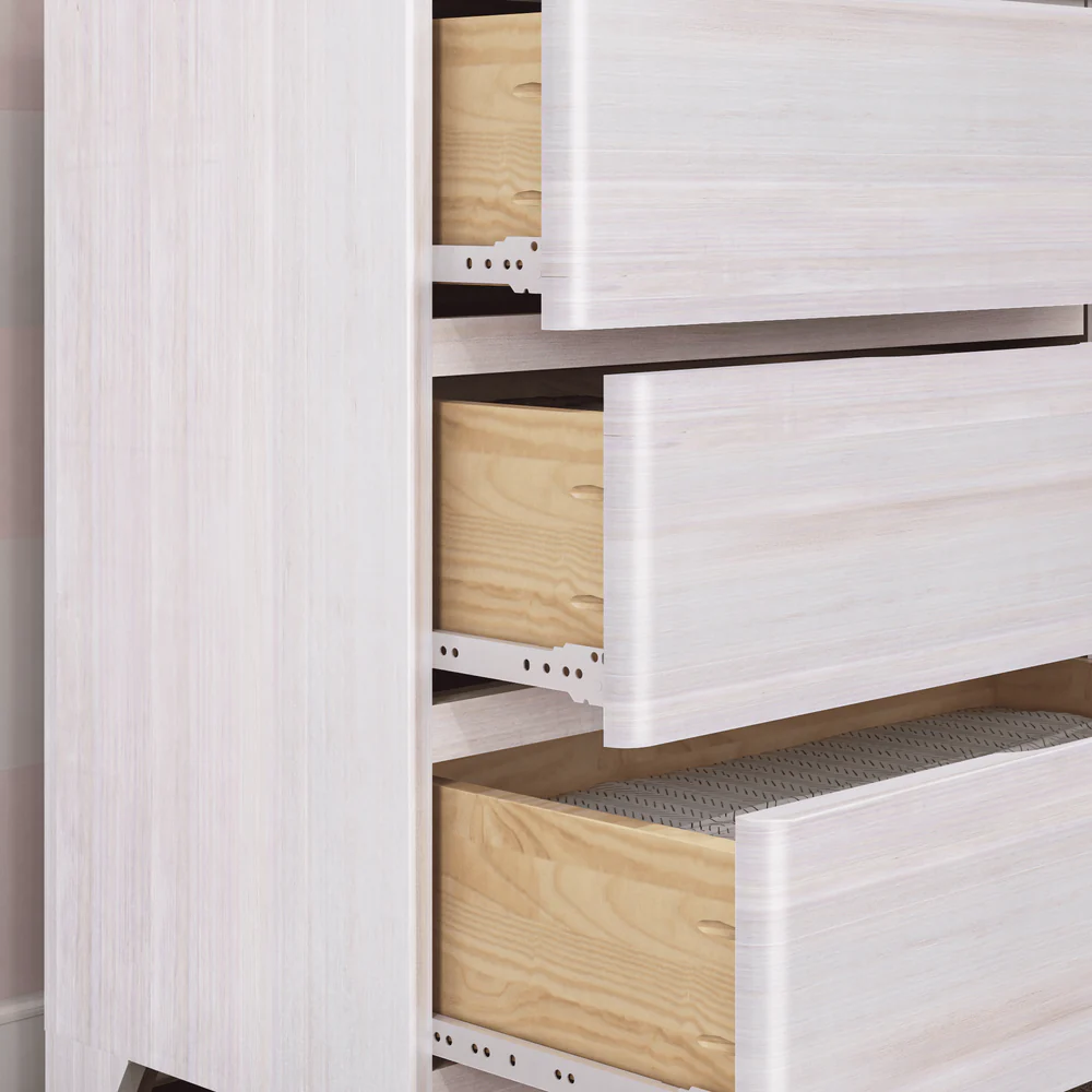 Max & Lily Modern Farmhouse 3 Drawer Dresser in White Wash - closeup of the open drawers showing solid wood drawer boxes and metal drawer glides