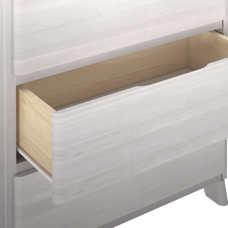 Max & Lily Modern Farmhouse 3 Drawer Dresser in White Wash - closeup of an open drawer showing the solid wood interior and curved handle cutout