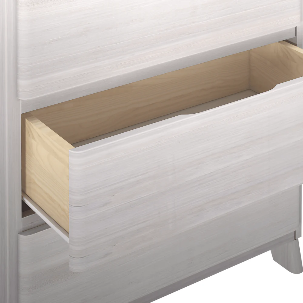 Max & Lily Modern Farmhouse 3 Drawer Dresser in White Wash - closeup of an open drawer showing the solid wood interior and curved handle cutout