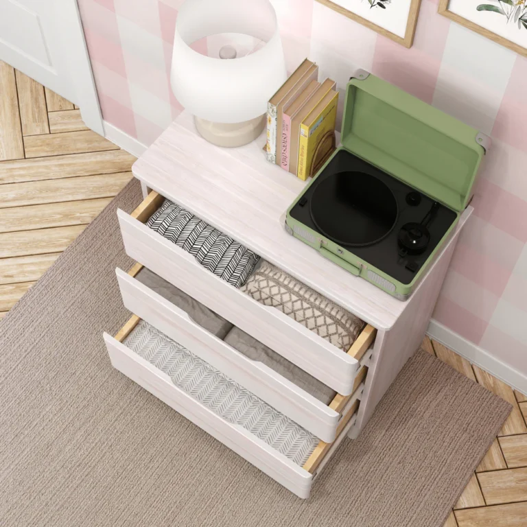 Max & Lily Modern Farmhouse 3 Drawer Dresser in White Wash - overhead room view with all three drawers open and filled with folded blankets and linens