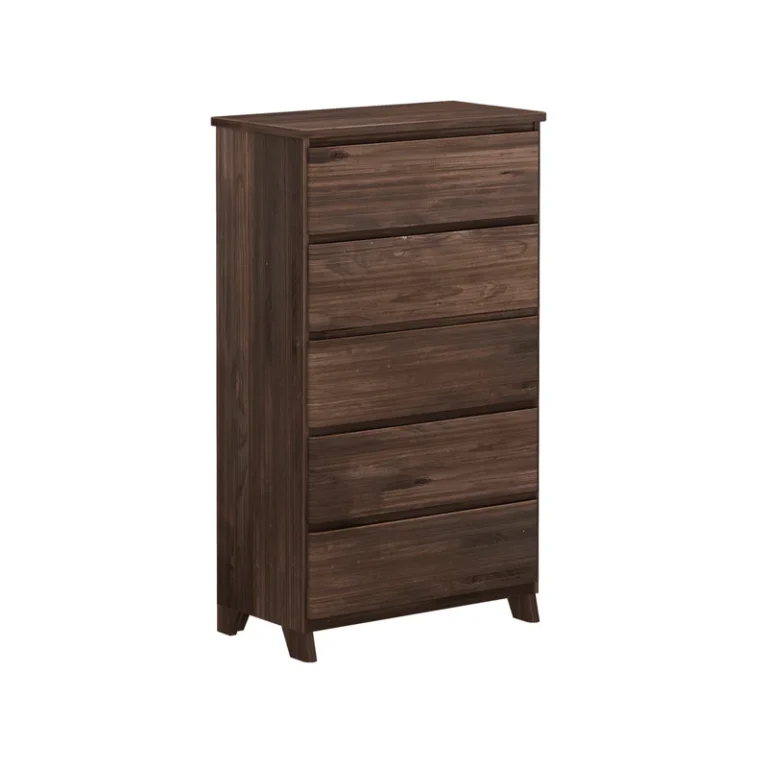 Max Lily Modern Farmhouse 5 Drawer Dresser Barnwood Brown Angle View Max & Lily Modern Farmhouse 5 Drawer Dresser in Barnwood Brown - three-quarter angle view on a white background showing all five drawers