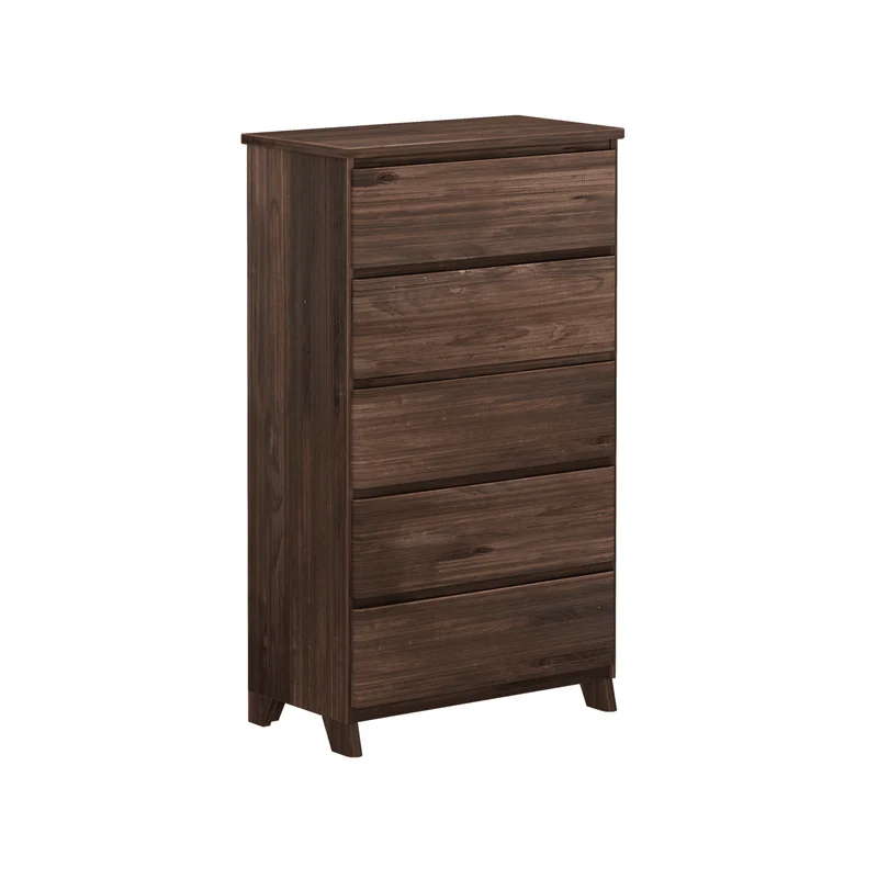 Max & Lily Modern Farmhouse 5 Drawer Dresser in Barnwood Brown - three-quarter angle view on a white background showing all five drawers
