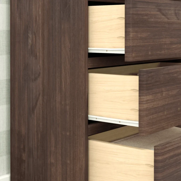 Max Lily Modern Farmhouse 5 Drawer Dresser Barnwood Brown Drawer Construction Max & Lily Modern Farmhouse 5 Drawer Dresser in Barnwood Brown - close-up of open drawers showing the solid wood drawer boxes and glides