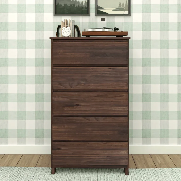 Max Lily Modern Farmhouse 5 Drawer Dresser Barnwood Brown Front View Max & Lily Modern Farmhouse 5 Drawer Dresser in Barnwood Brown - front view styled in a bedroom with a record player and framed art on top