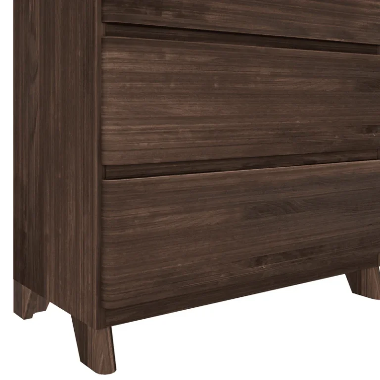 Max Lily Modern Farmhouse 5 Drawer Dresser Barnwood Brown Leg Detail Max & Lily Modern Farmhouse 5 Drawer Dresser in Barnwood Brown - close-up of the lower drawers and tapered leg showing the wood grain