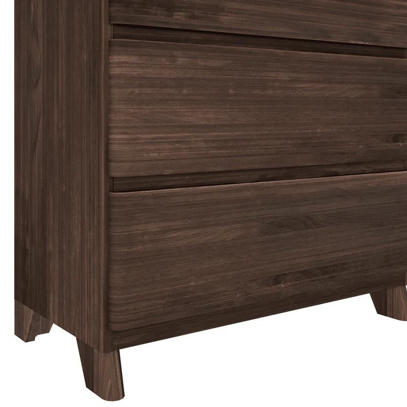 Max & Lily Modern Farmhouse 5 Drawer Dresser in Barnwood Brown - close-up of the lower drawers and tapered leg showing the wood grain