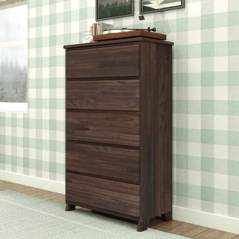 Max Lily Modern Farmhouse 5 Drawer Dresser Barnwood Brown Room Scene Max & Lily Modern Farmhouse 5 Drawer Dresser in Barnwood Brown - angled view in a bedroom beside a window with decor on top