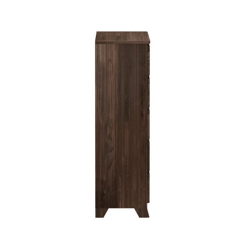 Max & Lily Modern Farmhouse 5 Drawer Dresser in Barnwood Brown - side profile view showing the depth and tapered legs