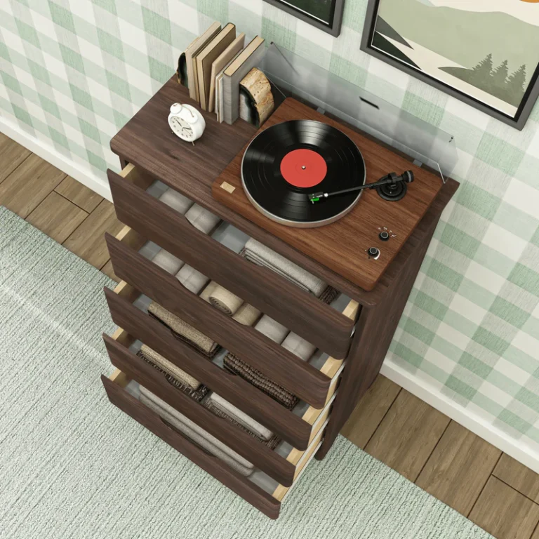 Max Lily Modern Farmhouse 5 Drawer Dresser Barnwood Brown Storage Drawers Open Max & Lily Modern Farmhouse 5 Drawer Dresser in Barnwood Brown - overhead view with all drawers open showing folded clothing storage