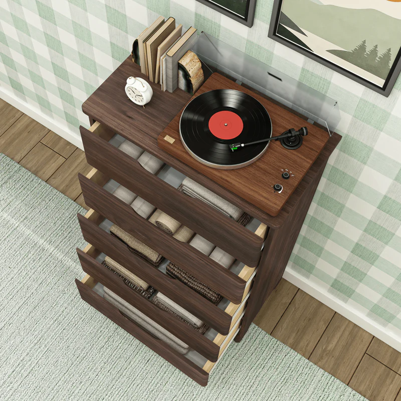 Max & Lily Modern Farmhouse 5 Drawer Dresser in Barnwood Brown - overhead view with all drawers open showing folded clothing storage