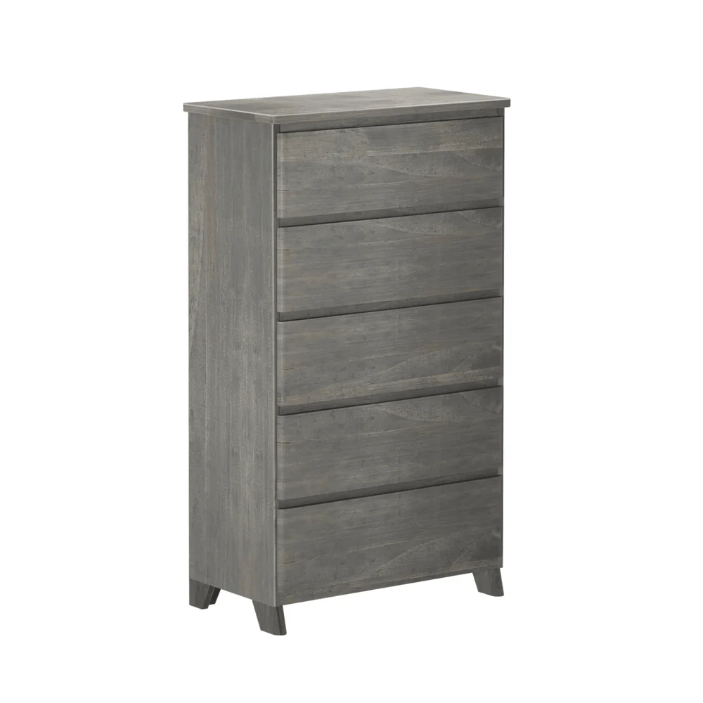 Max & Lily Modern Farmhouse 5 Drawer Dresser in Driftwood - three-quarter angle view on a white background