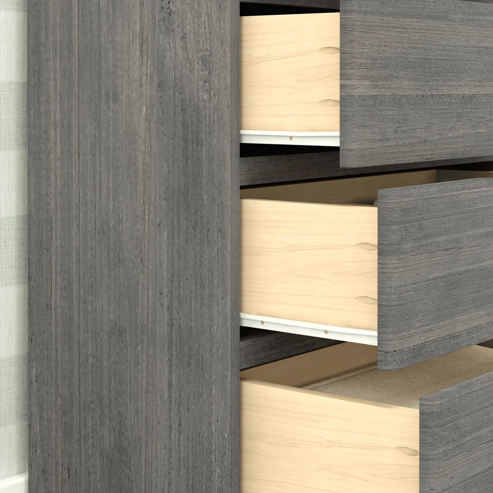 Max & Lily Modern Farmhouse 5 Drawer Dresser in Driftwood - close-up of the open drawers showing the natural wood drawer boxes and metal glides