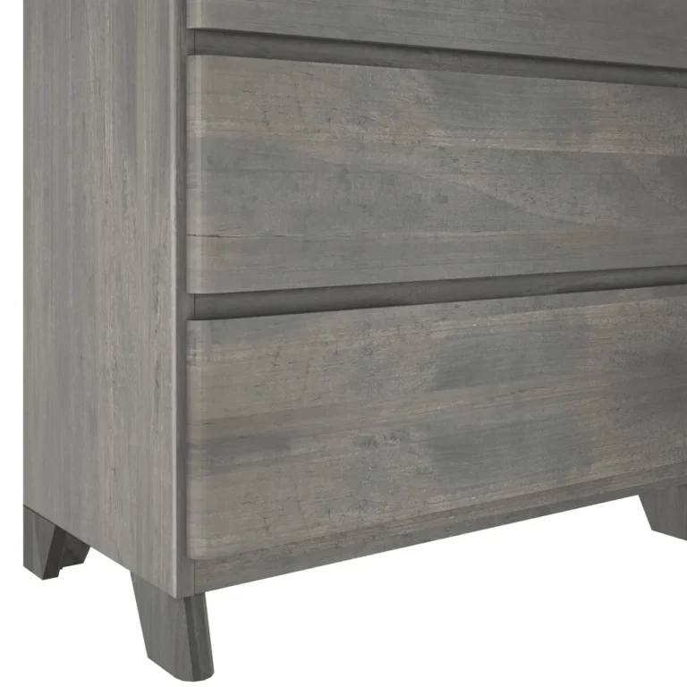 Max Lily Modern Farmhouse 5 Drawer Dresser Driftwood Finish Closeup Max & Lily Modern Farmhouse 5 Drawer Dresser in Driftwood - close-up of the lower drawer fronts and tapered legs showing the wood grain finish