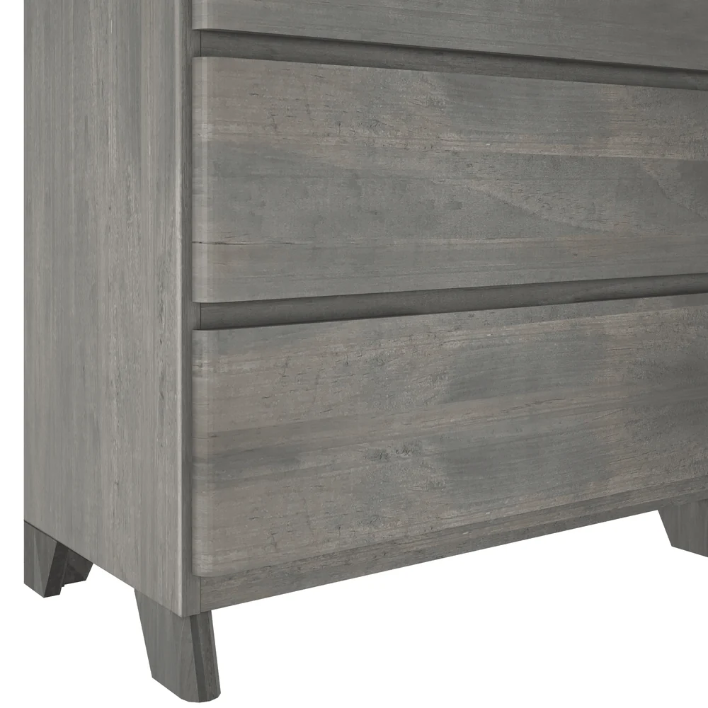 Max & Lily Modern Farmhouse 5 Drawer Dresser in Driftwood - close-up of the lower drawer fronts and tapered legs showing the wood grain finish