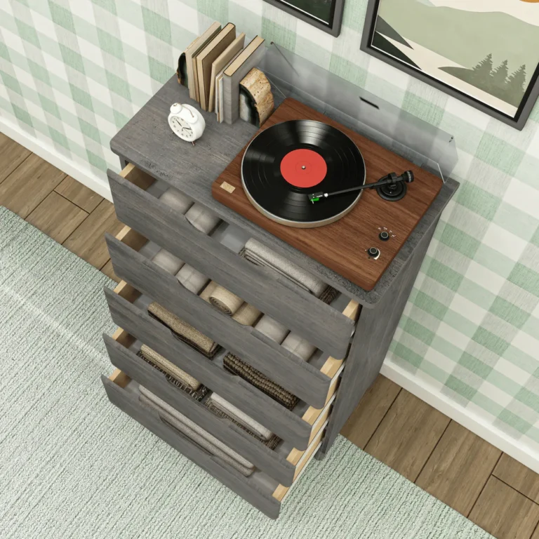 Max Lily Modern Farmhouse 5 Drawer Dresser Driftwood Storage Drawers Open Max & Lily Modern Farmhouse 5 Drawer Dresser in Driftwood - overhead view with all five drawers open showing folded linens and baskets