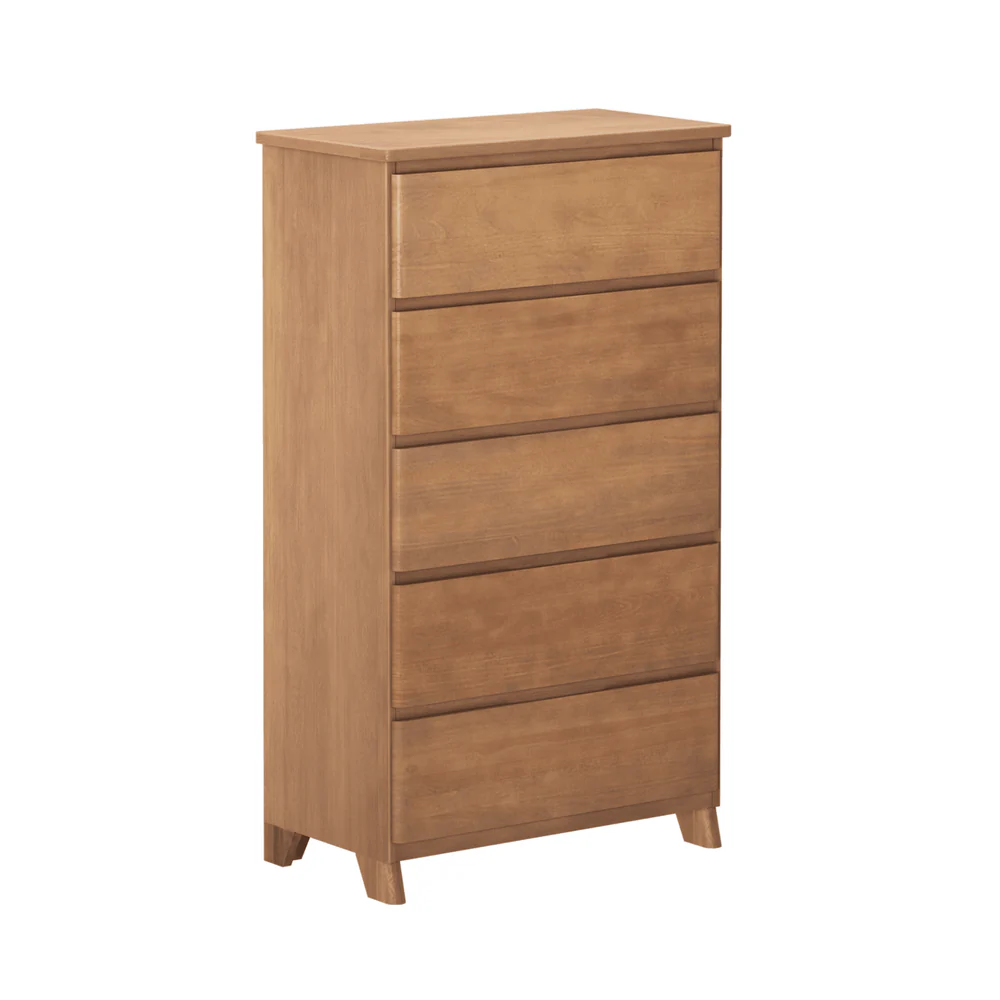 Max & Lily Modern Farmhouse 5 Drawer Dresser in Pecan - three-quarter angle product view on a white background.