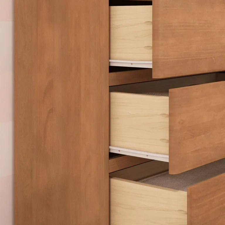 Max Lily Modern Farmhouse 5 Drawer Dresser Pecan Drawer Detail Max & Lily Modern Farmhouse 5 Drawer Dresser in Pecan - close-up of the open drawers showing the natural wood interior construction.