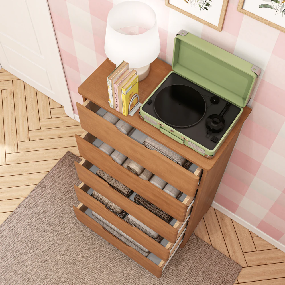 Max & Lily Modern Farmhouse 5 Drawer Dresser in Pecan - overhead view with all five drawers pulled open to show storage space.