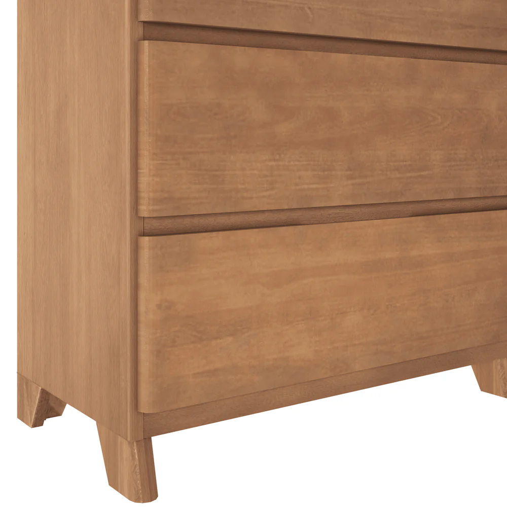 Max & Lily Modern Farmhouse 5 Drawer Dresser in Pecan - close-up of the lower drawers and tapered solid-wood legs.