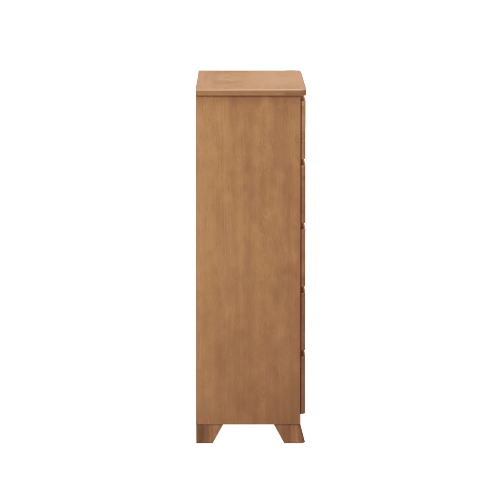 Max & Lily Modern Farmhouse 5 Drawer Dresser in Pecan - side profile view showing the depth and tapered legs.
