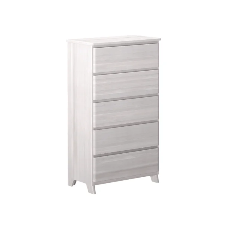 Max Lily Modern Farmhouse 5 Drawer Dresser White Wash Angle View 3 Max & Lily Modern Farmhouse 5 Drawer Dresser in White Wash - three-quarter angle product view on a plain background