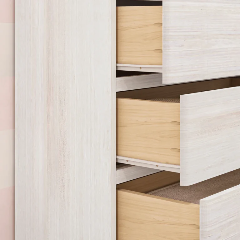 Max Lily Modern Farmhouse 5 Drawer Dresser White Wash Drawer Detail Max & Lily Modern Farmhouse 5 Drawer Dresser in White Wash - close-up of open drawers showing the interior wood construction