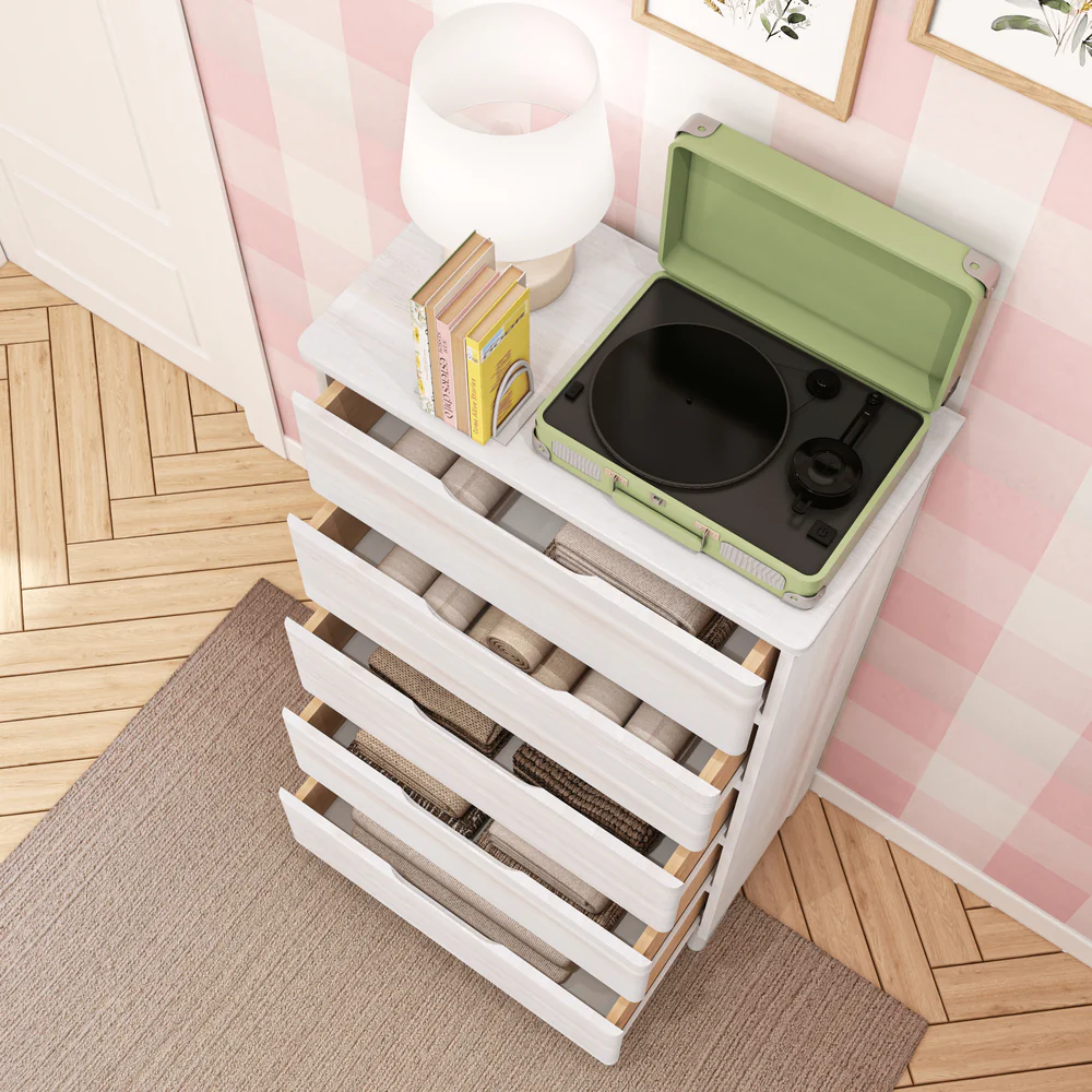 Max & Lily Modern Farmhouse 5 Drawer Dresser in White Wash - overhead view with all five drawers open showing folded clothes inside