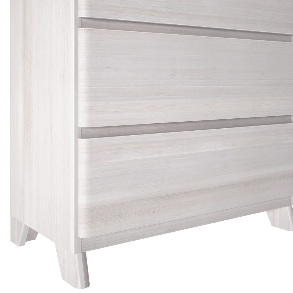 Max & Lily Modern Farmhouse 5 Drawer Dresser in White Wash - close-up of the lower drawers and tapered legs