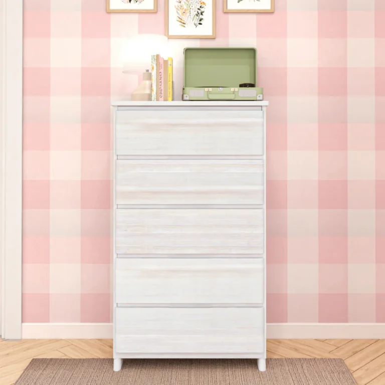 Max Lily Modern Farmhouse 5 Drawer Dresser White Wash Room Scene 1 Max & Lily Modern Farmhouse 5 Drawer Dresser in White Wash - styled in a pink gingham bedroom with a lamp, books, and record player on top