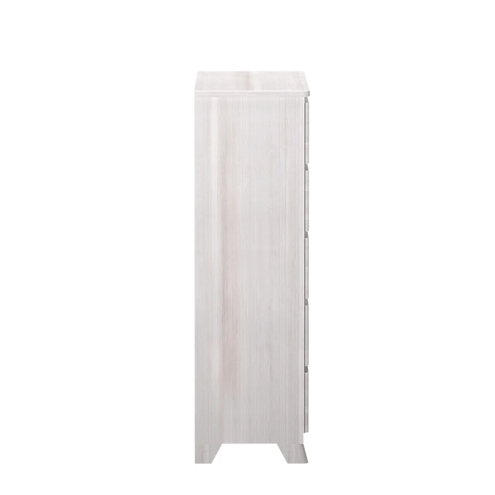 Max & Lily Modern Farmhouse 5 Drawer Dresser in White Wash - side profile view showing the depth on a plain background