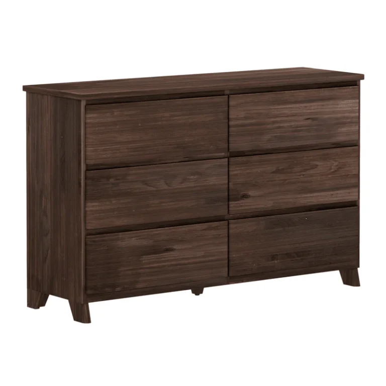 Max Lily Modern Farmhouse 6 Drawer Dresser Barnwood Brown Angle View 3 Max & Lily Modern Farmhouse 6 Drawer Dresser in Barnwood Brown - angled view on a plain white background showing all six drawers and tapered legs.