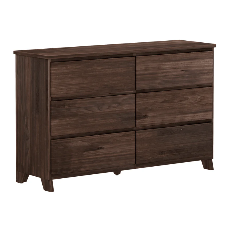 Max & Lily Modern Farmhouse 6 Drawer Dresser in Barnwood Brown - angled view on a plain white background showing all six drawers and tapered legs.