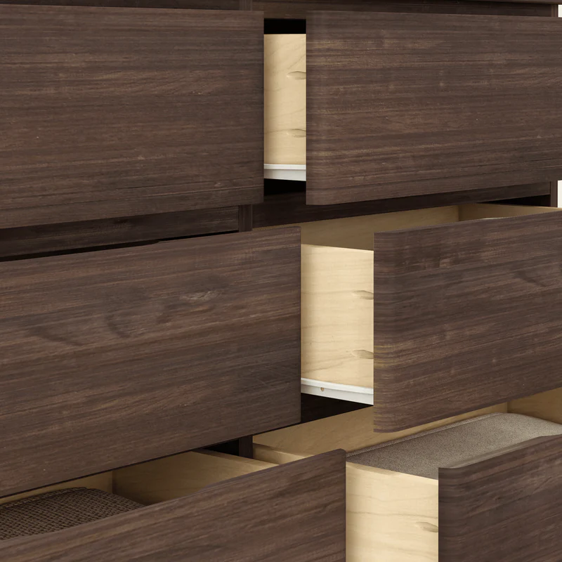Max & Lily Modern Farmhouse 6 Drawer Dresser in Barnwood Brown - close-up of open drawers showing the smooth wood grain and light interior drawer boxes.