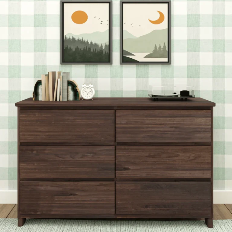 Max Lily Modern Farmhouse 6 Drawer Dresser Barnwood Brown Front View Max & Lily Modern Farmhouse 6 Drawer Dresser in Barnwood Brown - front view styled in a bedroom with framed wall art, books, and a record player on top.