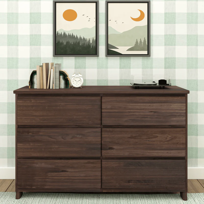 Max & Lily Modern Farmhouse 6 Drawer Dresser in Barnwood Brown - front view styled in a bedroom with framed wall art, books, and a record player on top.