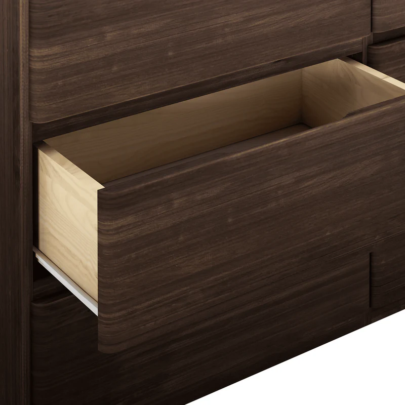 Max & Lily Modern Farmhouse 6 Drawer Dresser in Barnwood Brown - close-up of a single open drawer showing the spacious light-wood interior.