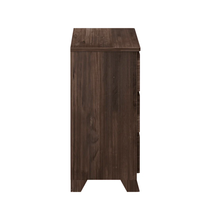 Max & Lily Modern Farmhouse 6 Drawer Dresser in Barnwood Brown - side profile view showing the depth of the cabinet and tapered wooden legs.