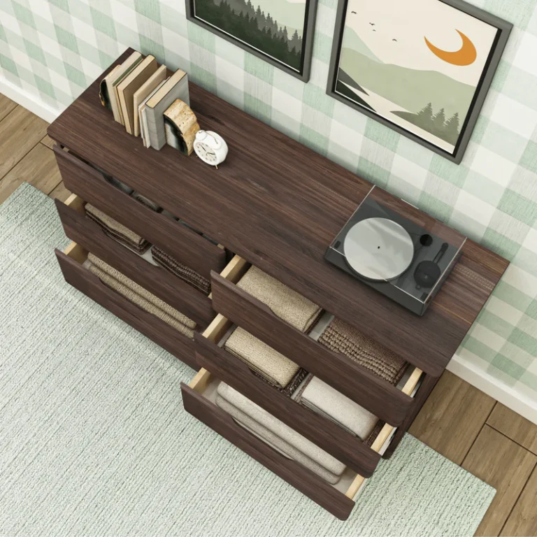 Max Lily Modern Farmhouse 6 Drawer Dresser Barnwood Brown Storage Drawers Open Max & Lily Modern Farmhouse 6 Drawer Dresser in Barnwood Brown - overhead view with drawers open revealing storage baskets and folded linens inside.