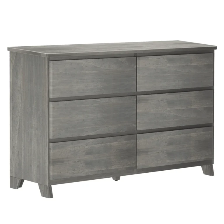 Max Lily Modern Farmhouse 6 Drawer Dresser Driftwood Angle View Max & Lily Modern Farmhouse 6 Drawer Dresser in Driftwood - angled front view on a white background showing all six drawers.