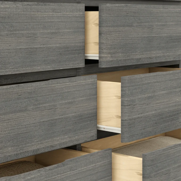 Max Lily Modern Farmhouse 6 Drawer Dresser Driftwood Drawer Construction Detail Max & Lily Modern Farmhouse 6 Drawer Dresser in Driftwood - close-up of the drawers slightly open showing the solid wood drawer construction.