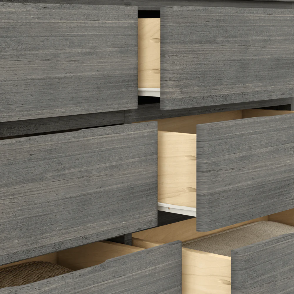 Max & Lily Modern Farmhouse 6 Drawer Dresser in Driftwood - close-up of the drawers slightly open showing the solid wood drawer construction.