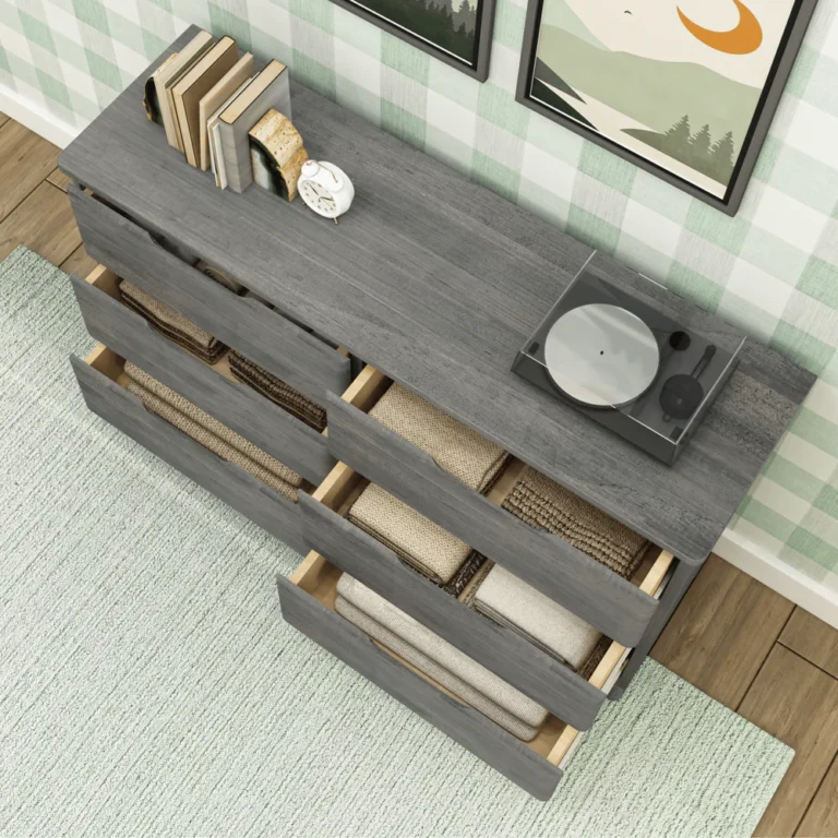 Max Lily Modern Farmhouse 6 Drawer Dresser Driftwood Drawers Open Max & Lily Modern Farmhouse 6 Drawer Dresser in Driftwood - overhead view with drawers pulled open revealing folded linens and storage baskets inside.