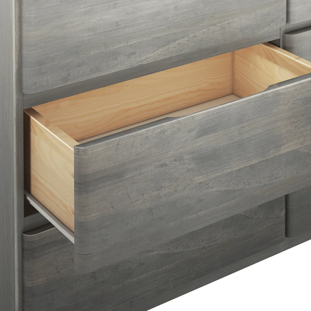 Max & Lily Modern Farmhouse 6 Drawer Dresser in Driftwood - close-up of a single open drawer showing the natural pine drawer box interior.