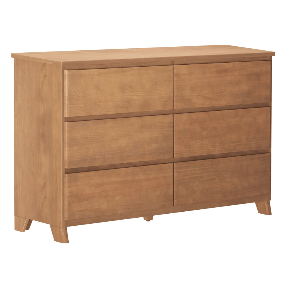 Max & Lily Modern Farmhouse 6 Drawer Dresser in Pecan - three-quarter angle view on a white background showing all six drawers and tapered legs.