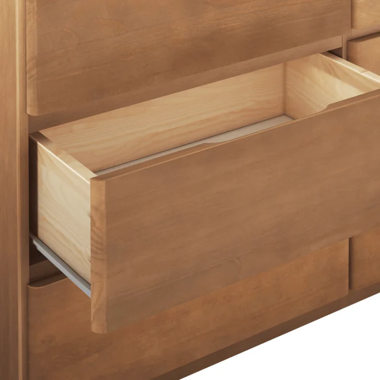 Max Lily Modern Farmhouse 6 Drawer Dresser Pecan Drawer Detail Max & Lily Modern Farmhouse 6 Drawer Dresser in Pecan - close-up of a single drawer pulled open showing the empty interior and drawer glide.