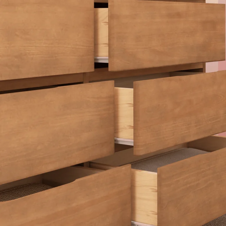 Max Lily Modern Farmhouse 6 Drawer Dresser Pecan Drawers Detail Max & Lily Modern Farmhouse 6 Drawer Dresser in Pecan - close-up of the six drawers staggered open showing the solid wood construction.