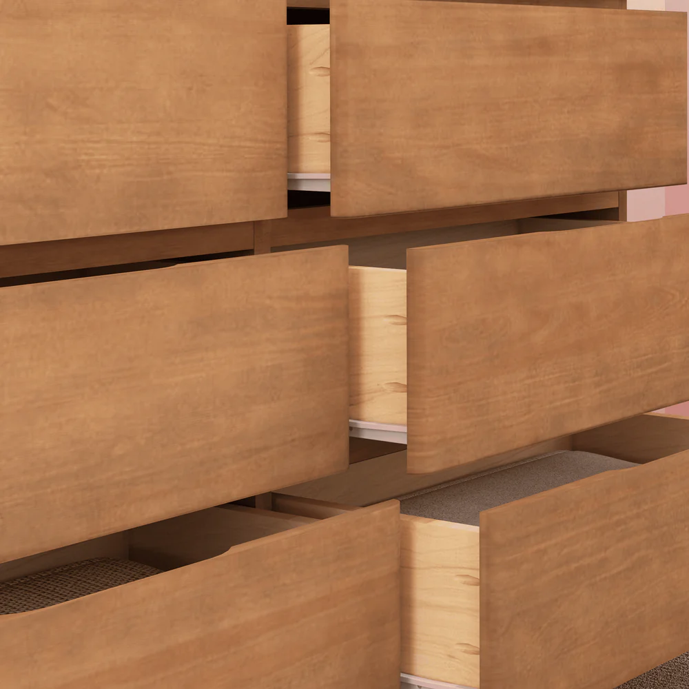 Max & Lily Modern Farmhouse 6 Drawer Dresser in Pecan - close-up of the six drawers staggered open showing the solid wood construction.