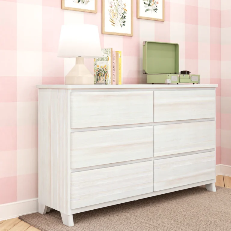 Max Lily Modern Farmhouse 6 Drawer Dresser White Wash Angle View 2 Max & Lily Modern Farmhouse 6 Drawer Dresser in White Wash - angled view in a pink plaid room with decor styled on top