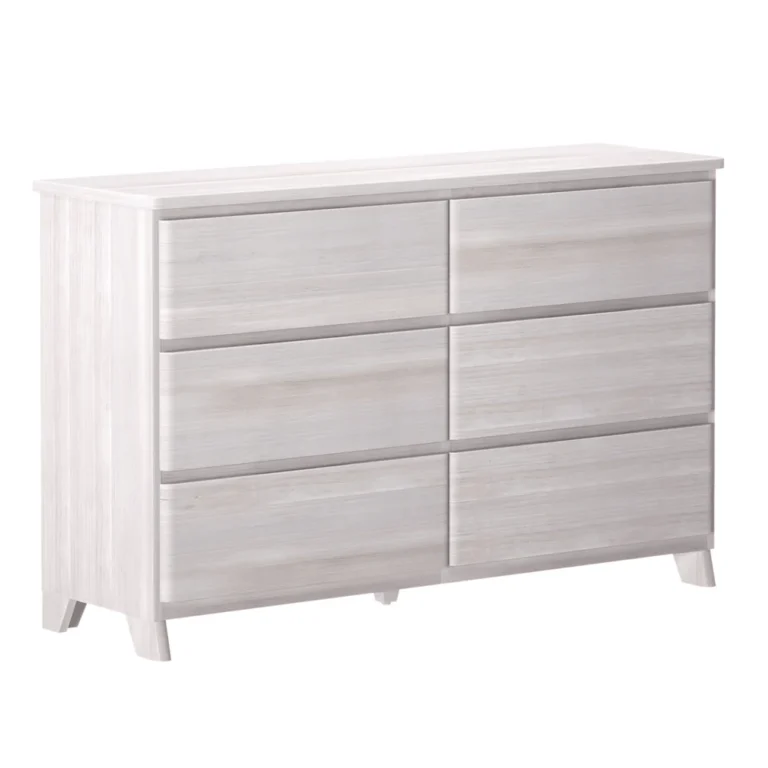 Max Lily Modern Farmhouse 6 Drawer Dresser White Wash Angle View 3 Max & Lily Modern Farmhouse 6 Drawer Dresser in White Wash - angled studio view showing the six drawers and tapered legs