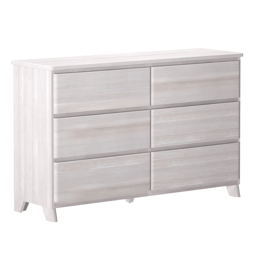 Max & Lily Modern Farmhouse 6 Drawer Dresser in White Wash - angled studio view showing the six drawers and tapered legs